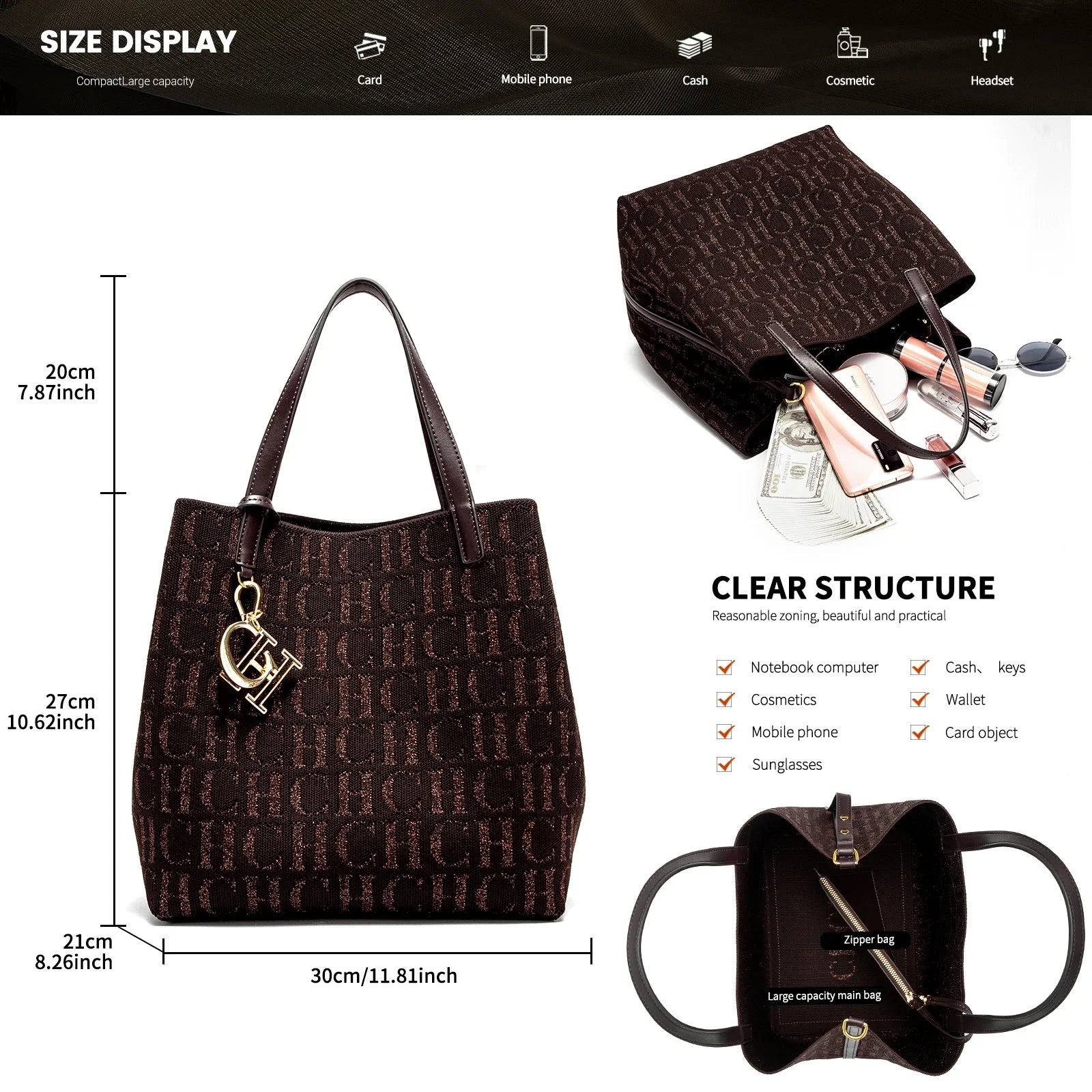 Cotton Bucket Bag Large Capacity Letter Design With Open Pocket — Black | KIMLUD