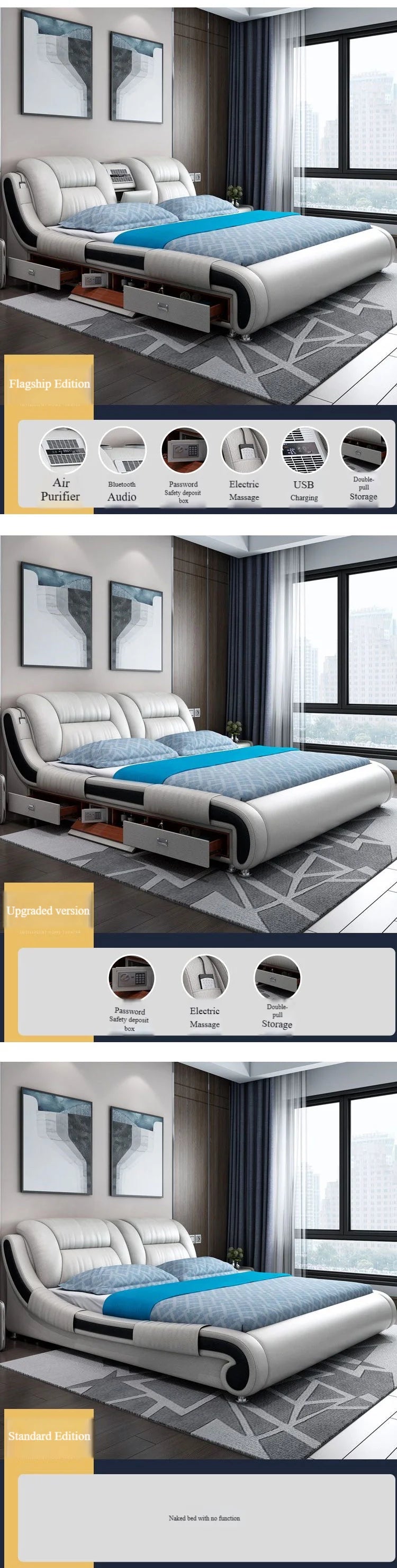 Genuine Leather Upholstered King Size Bed With Massage — Custom Color | KIMLUD