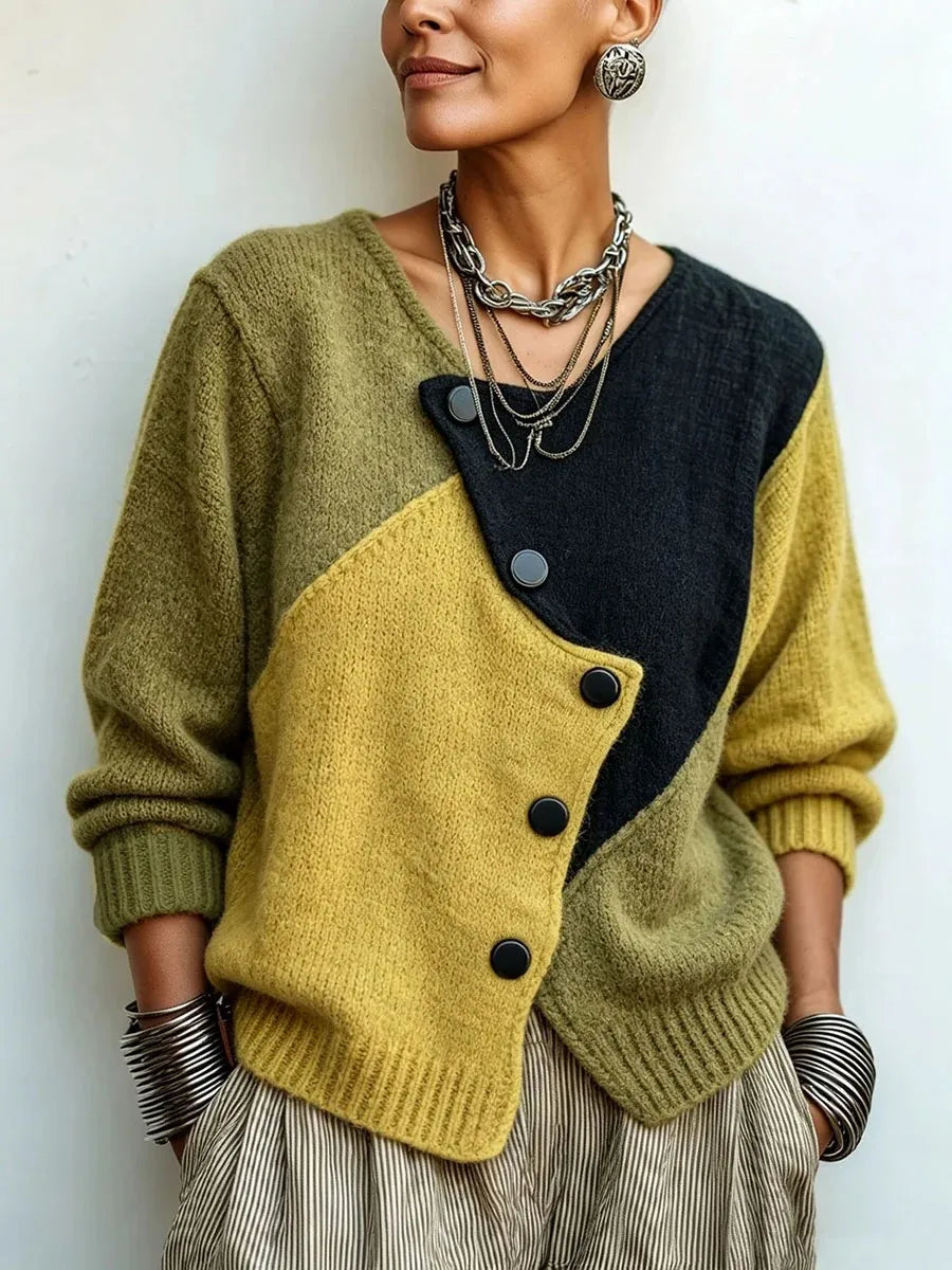 Patchwork Knit Cardigan – Asymmetric Button – Loose Long Sleeve | KIMLUD