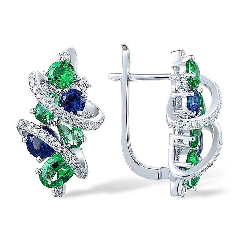 Cubic Zirconia Hoop Earrings Elegant Bridal Style — Green/Blue | KIMLUD