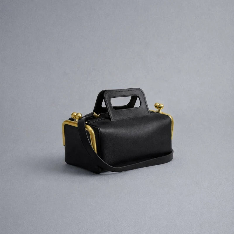 Polyester Solid Retro Clip Handbag — Black | KIMLUD
