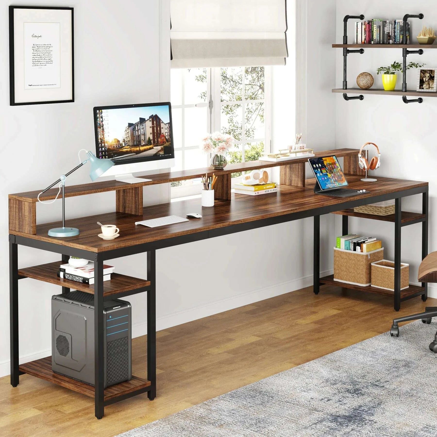 tribesigns-7874-inches-extra-long-two-person-desk-double-computer-desk-with-monitor-stand-and-storage-shelves-work-tablekimludkimlud-35570985
