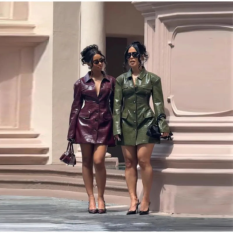2026 Spring New Leather Blazer Mini Dress For Women Chic Lapel Long Sleeve Pockets Suit Jacket Lady Chic Single Breasted Outwear