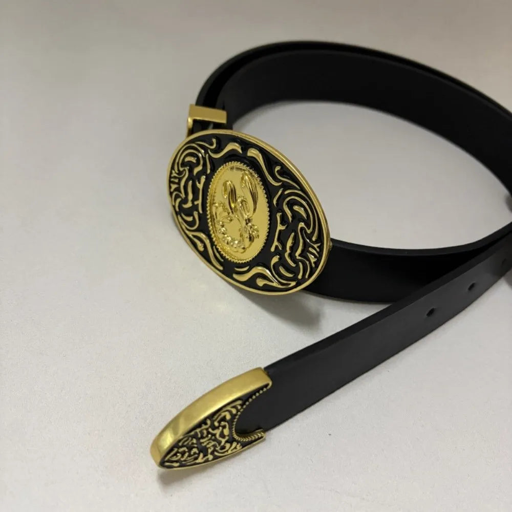 PU Leather Belt With Antique Gold Engraved Buckle — Black | KIMLUD