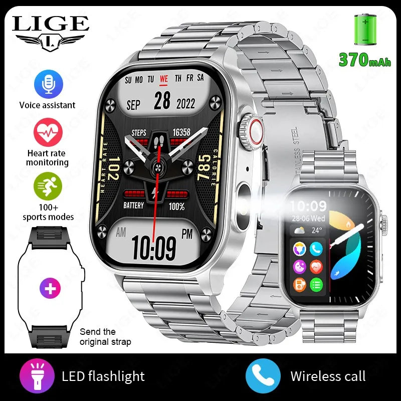 LIGE New Smart Watch LED Flashlight Military Sport Watches 2.01'' Screen Health Monitor Bluetooth Call Waterproof Smartwatch Men