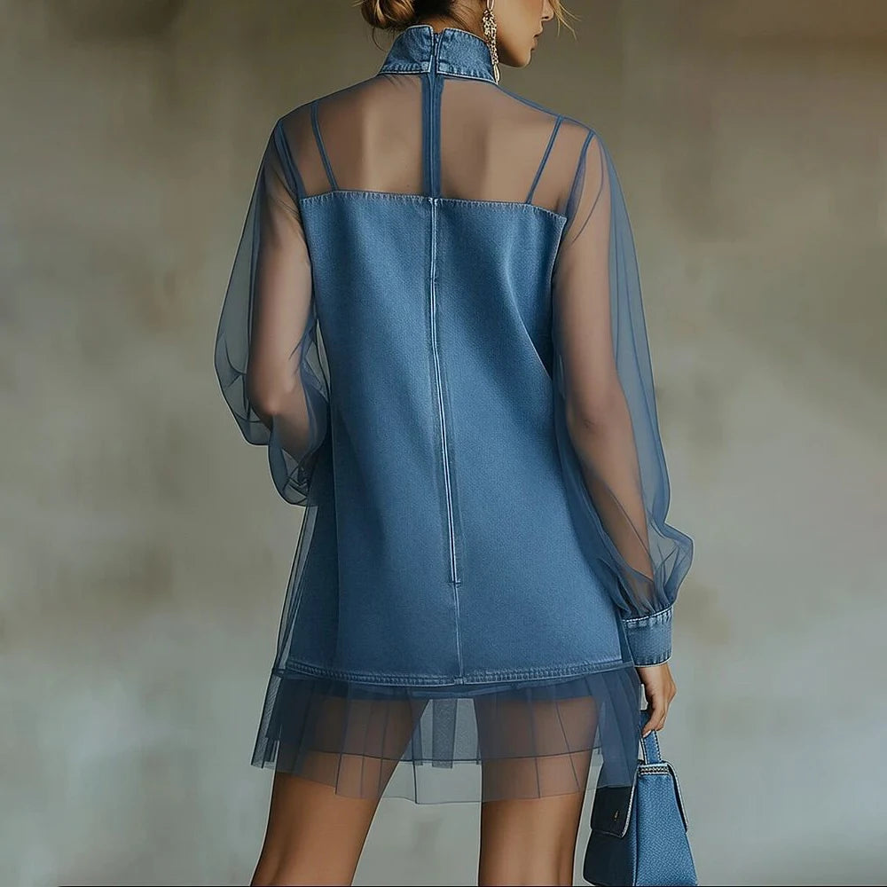 Women's Denim Mesh Patchwork Mini Dress Blue Vintage High Neck Sheer Long Sleeve Ruffle Hem Mesh Sheer Casual Streetwear Dresses