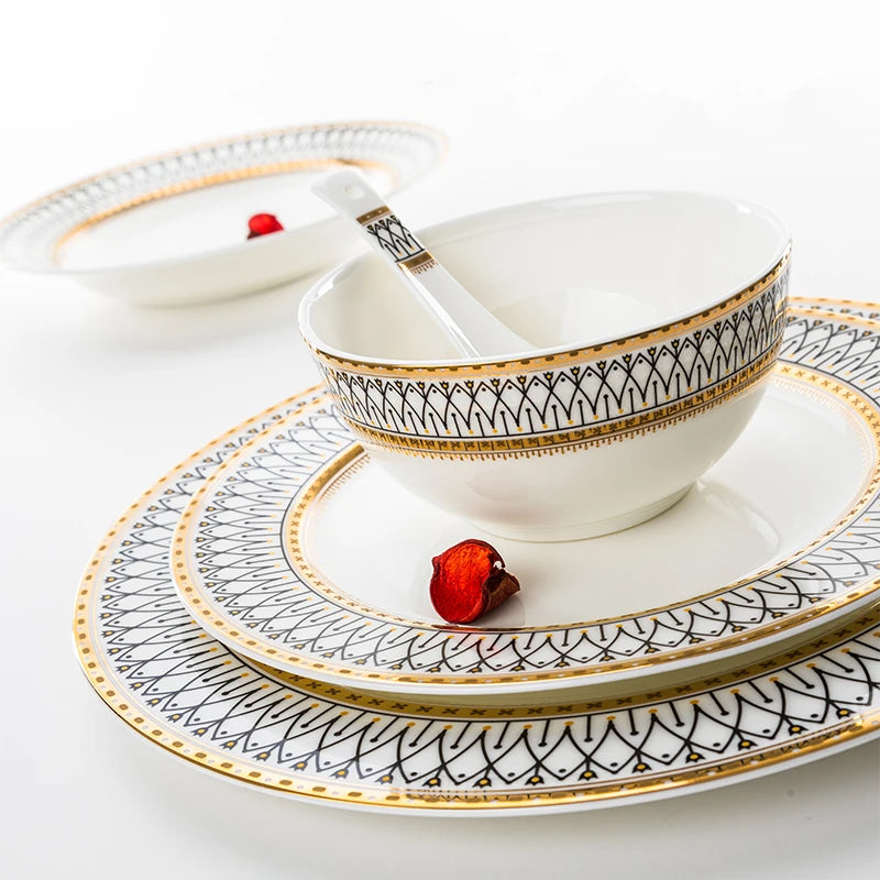 Nordic Bone China Dinner Plates Set Rimmed In Gold — White | KIMLUD