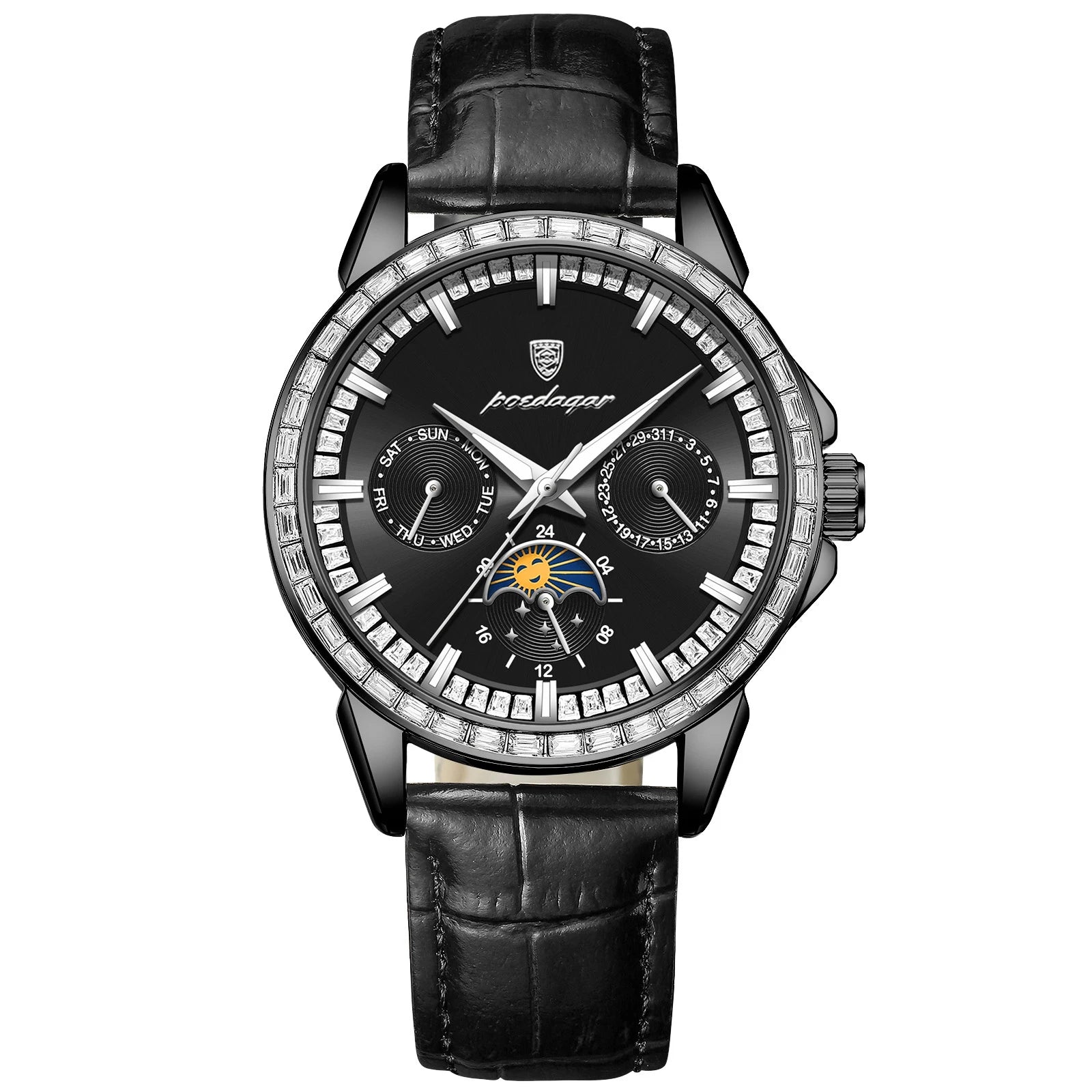 POEDAGAR Luxury Diamond Wristwatch For Men Date Week Waterproof Luminous Man Watch Fashion Business Leather Men's Quartz Watches