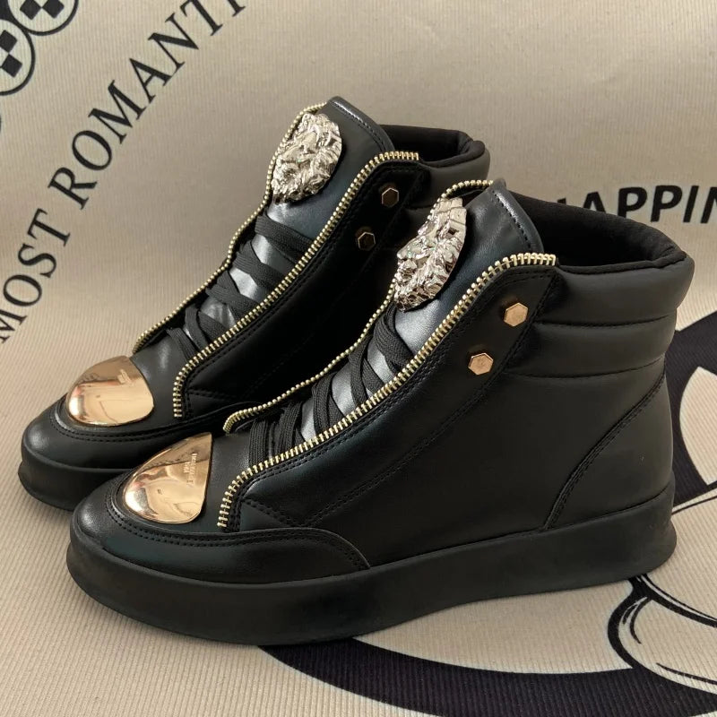 Artificial Leather High-Top Sneakers With Zip Decoration — Black | KIMLUD