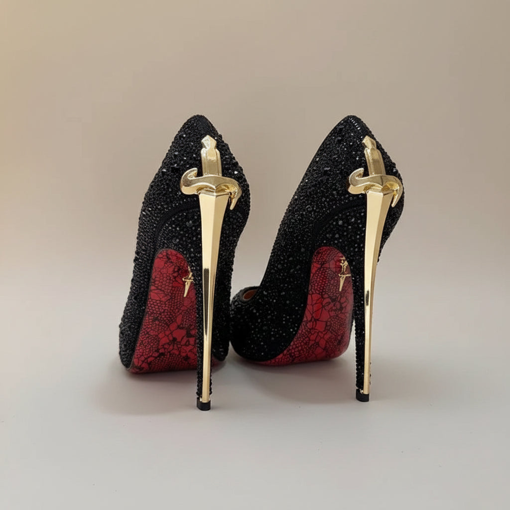 Leather Pumps With Metal High Heels Metal-Embellished Shaft Sculpted Pointed Toe — Gold | KIMLUD