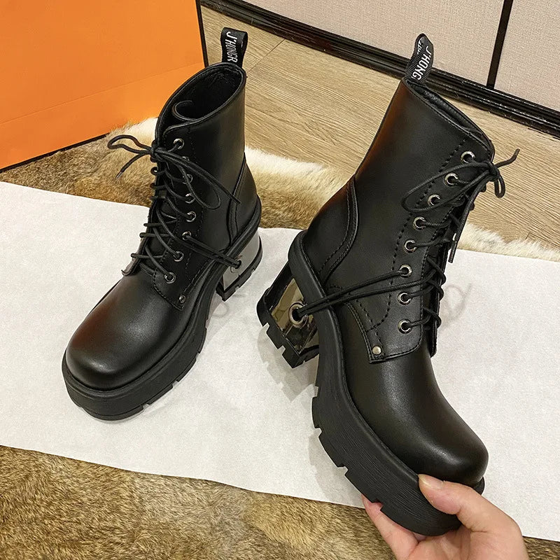Leather Thick-Sole Moto Short Boots — Black | KIMLUD