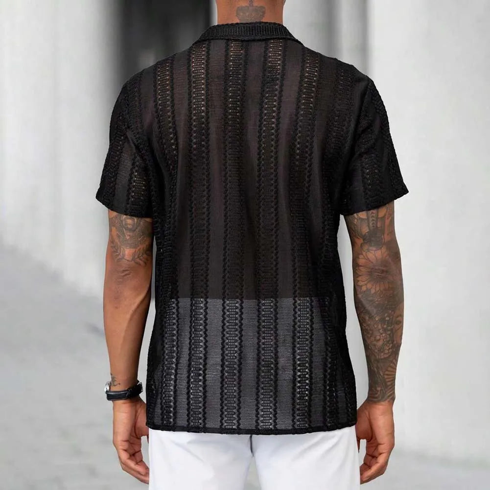 Lace Mesh Shirt Three Quarter Sleeve Silky Texture With Subtle Stretch For Summer — Black | KIMLUD
