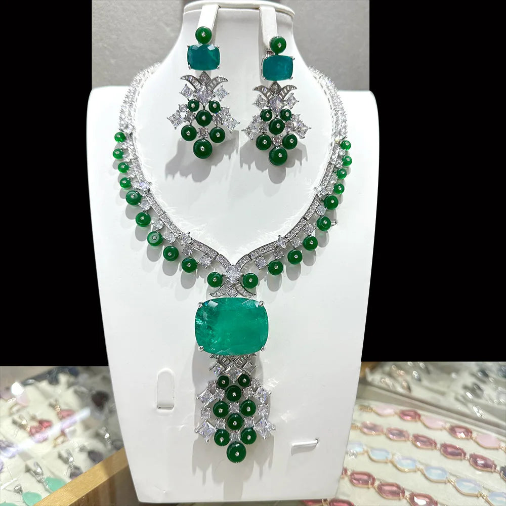 GODKI Trendy 2PCS Luxury Blue Green Zircon Statement Jewelry Set For Women Wedding Indian African Dubai Bridal Necklace