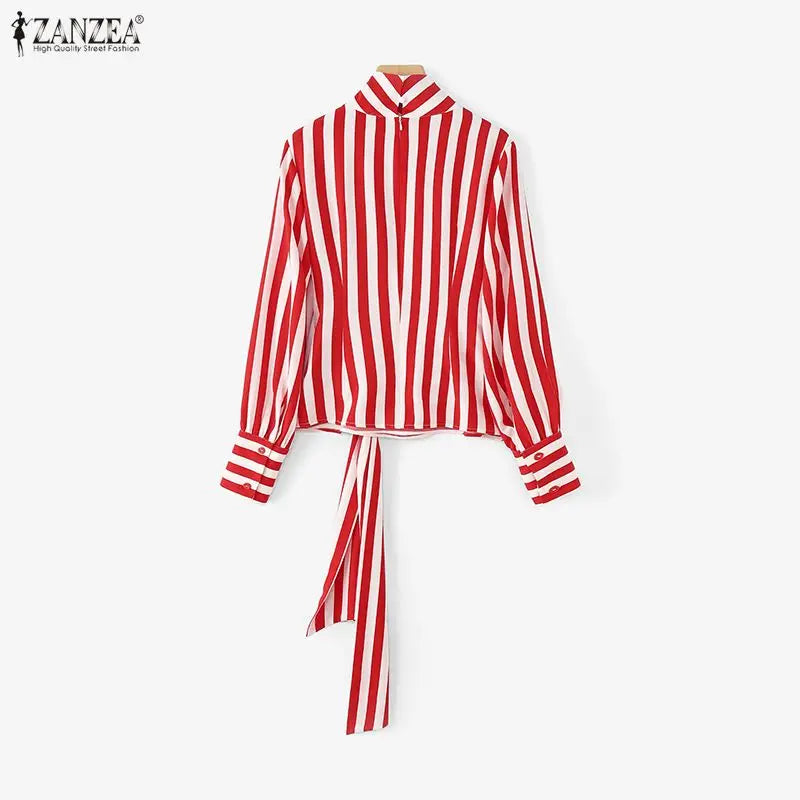 ZANZEA Women Stylish Tie Waist Striped Blouses 2025 Autumn Fashion Long Sleeve Cutout Turtleneck Tops Woman Clothing Streetwear