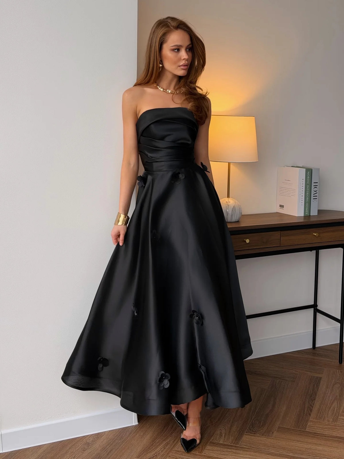 Strapless Satin Evening Dress – 3D Flower Appliques – A-Line Silhouette | KIMLUD