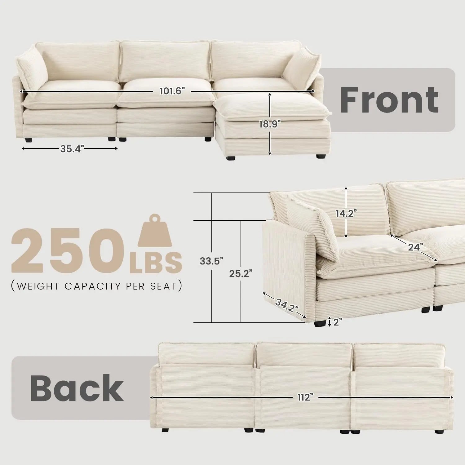 Corduroy Sectional Sofas With Movable Ottoman — Gray | KIMLUD