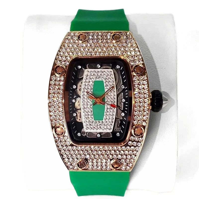 2025 Hot Selling Green Watch For Women Fashion Tonneau Quartz Clock Ladies Elegant Iced Diamond Jewelry Wrist Watch Girl Gift