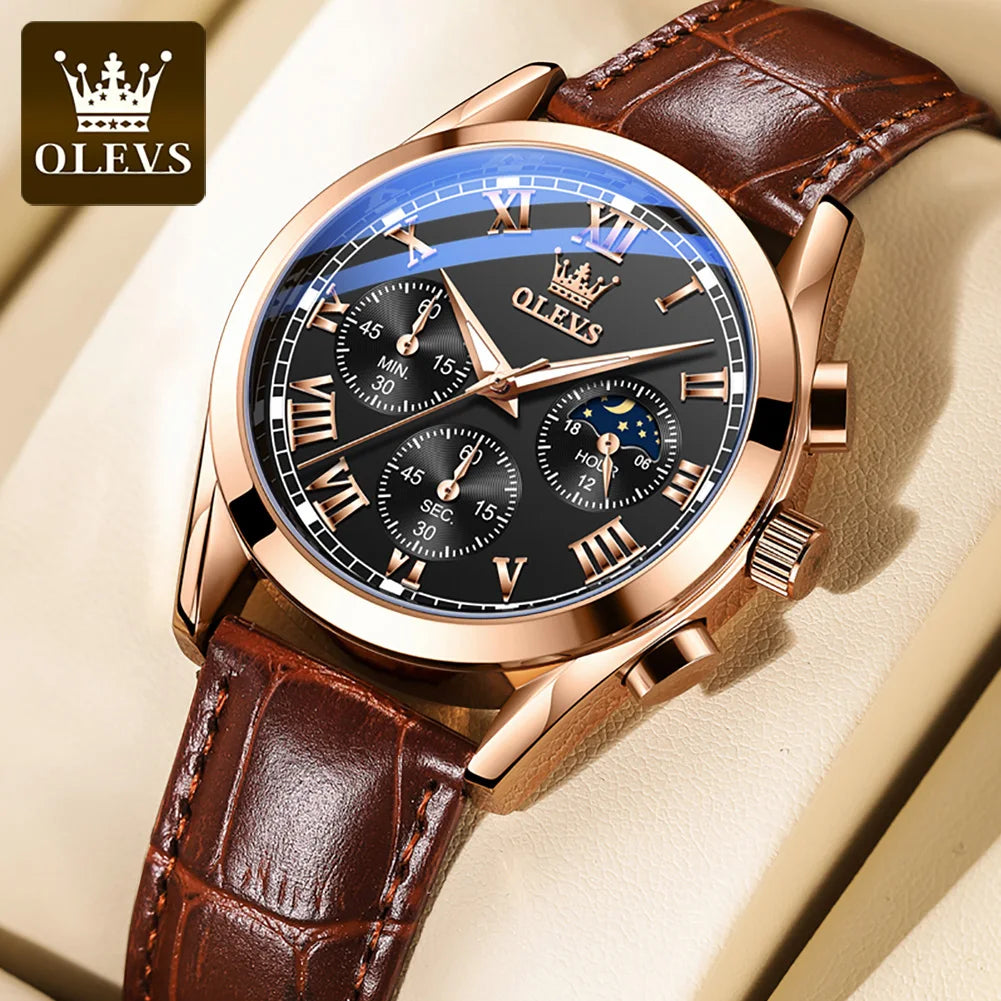 Rose-Gold Chronograph Moon Phase Watch Leather Strap — Black | KIMLUD
