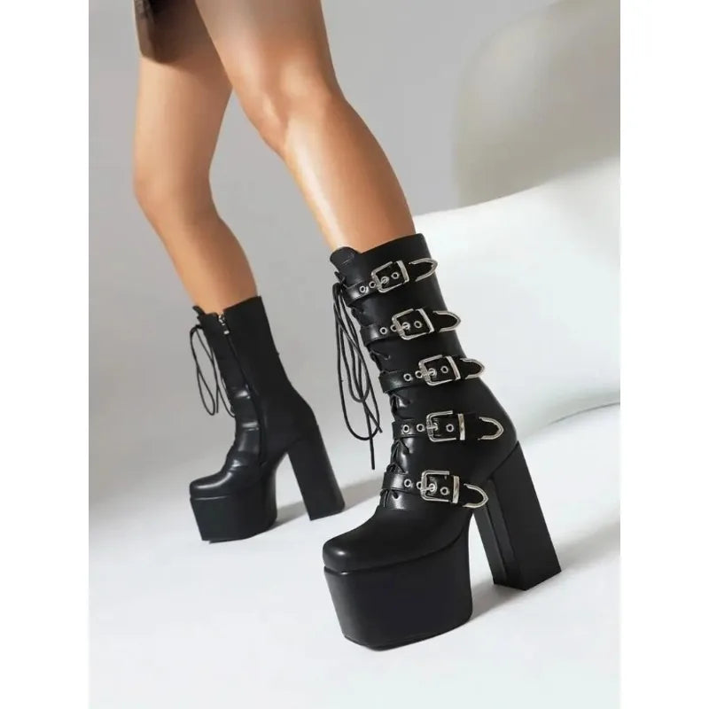 New Punk Goth Women Motorcycle Boots High Heeled Knee High Platform Shoes Heart Buckle Lace Up Luxury Trendy Winter Street Boots
