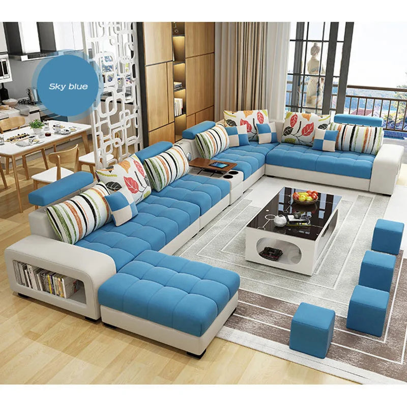 Wooden L-Shaped Sofa Set Light Luxury With Tufted Cushions And Integrated Arm Shelf — Ivory | KIMLUD