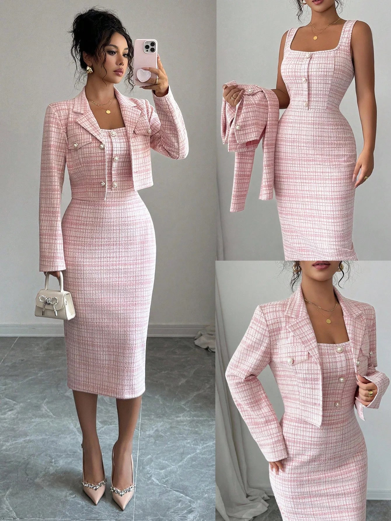 Two-Piece Dress Set – Reversible Collar – Knee-Length Polyester | KIMLUD