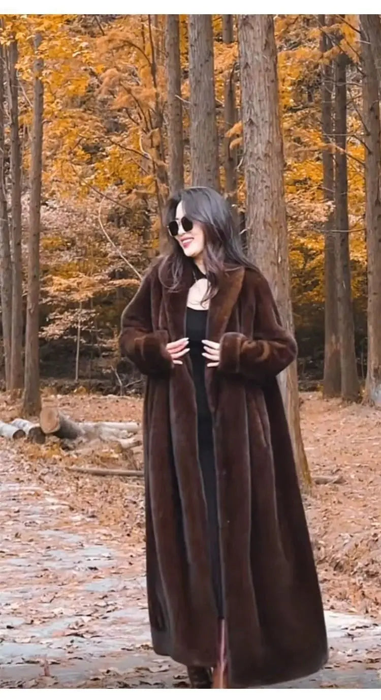 Women Faux Fur Coats Knee Length Coat Turn Down Collar Thick Warm Elegant Maxi Y2k Streetwear Outerwear Jackets Winter Spring