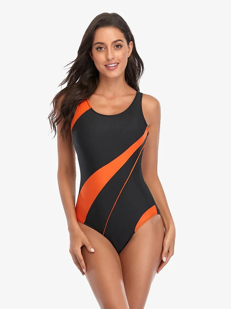 Racerback One-Piece Swimsuit With Azure Panels — Navy | KIMLUD