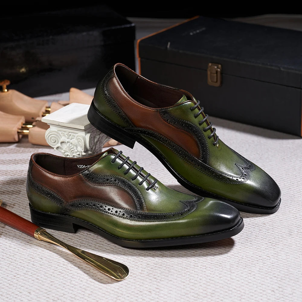 Luxury Italian Men&#39;s Oxfords Genuine Leather Brogue Wingtip Wedding Party Dress Shoes for Men Classic Lace-Up Office Formal Shoe