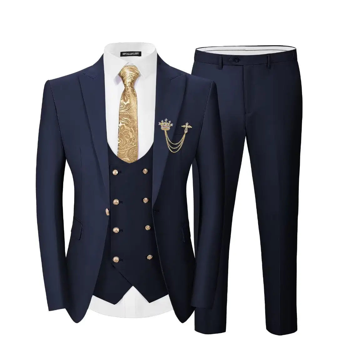 Men's 3-Piece Suit Set Classic One Gold Button Slim Fit Blazer Vest Pants Formal Business Wedding Wear