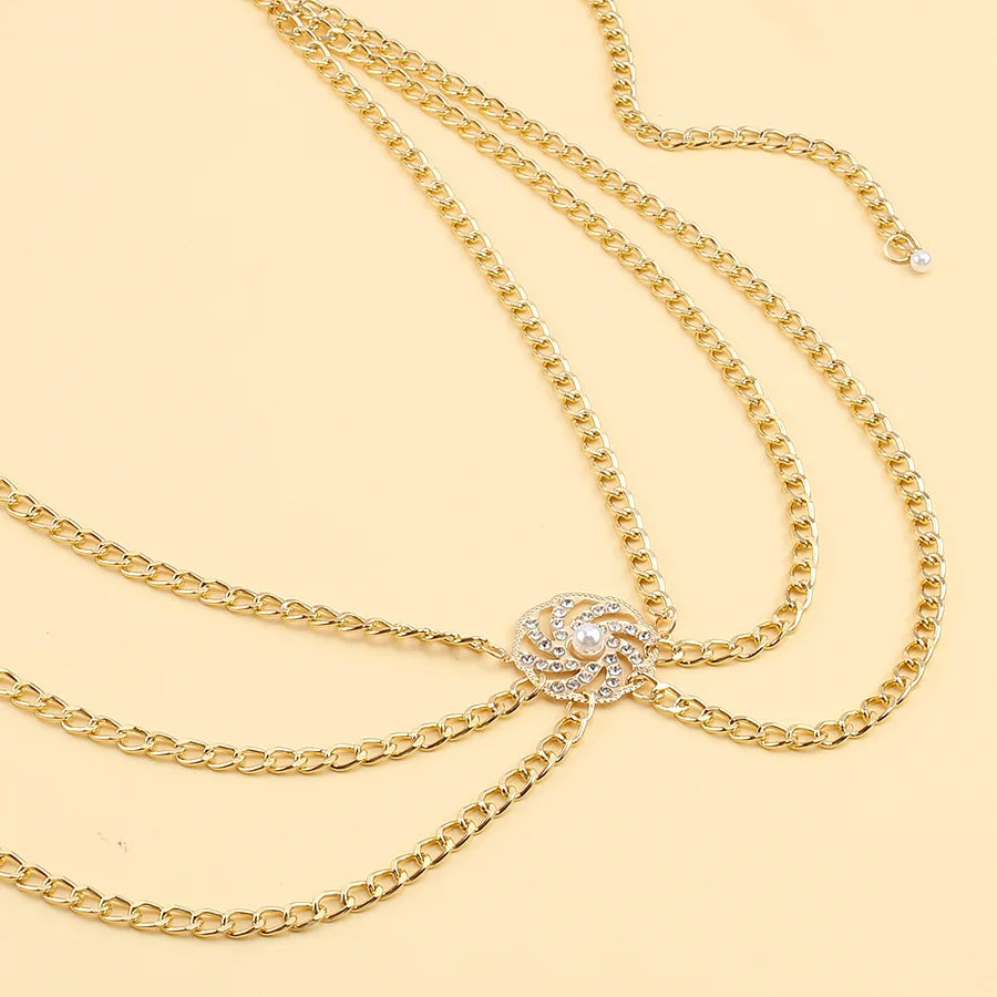 Gold-Tone Waist Chain Belt Diamond Pearl Disc Inlays With Radiant Faceting — Gold-Tone | KIMLUD