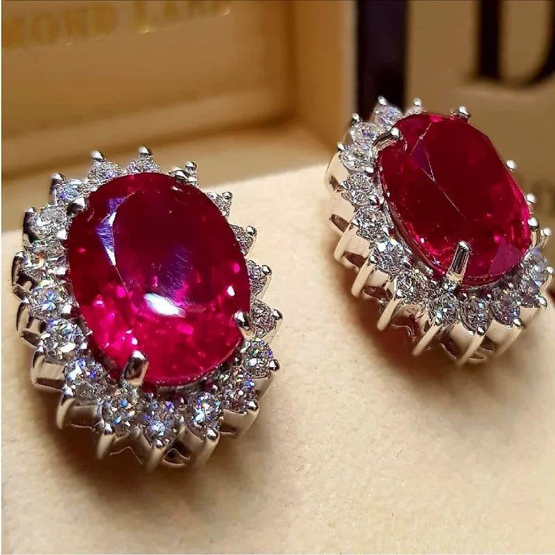 Stud Earrings – Red White Oval CZ Inlay – Copper Alloy – Silver | KIMLUD