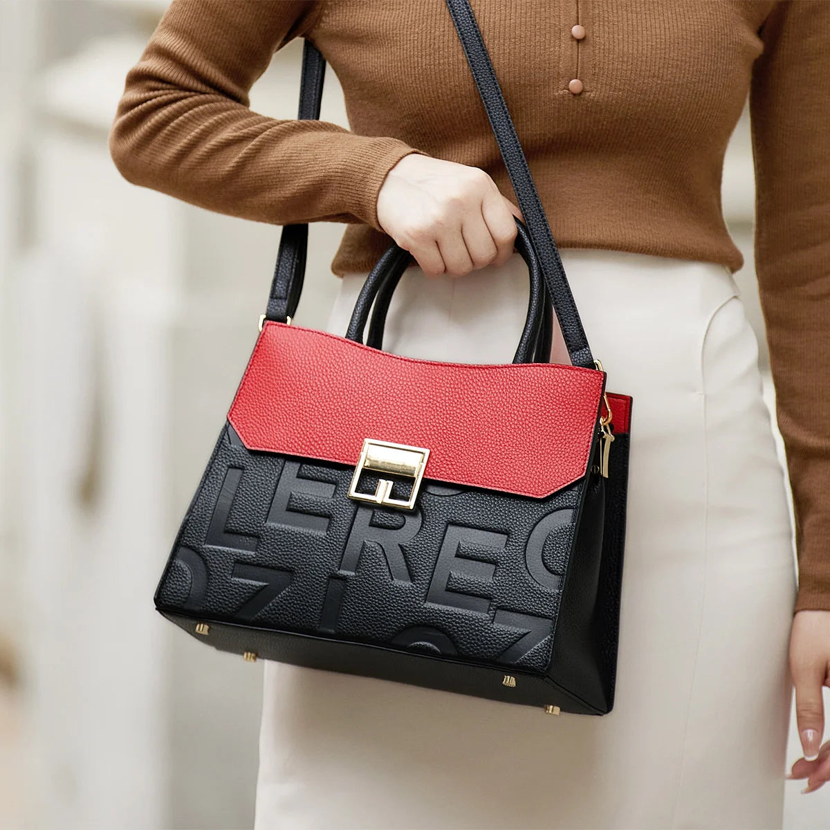 KIMLUD, ZOOLER 100% Genuine Leather Women's Handbags Red Cover Black Body Shoulder Messenger Bags Skin  Ladies Purses Winter#YC355, Black- Red, KIMLUD Women's Clothes