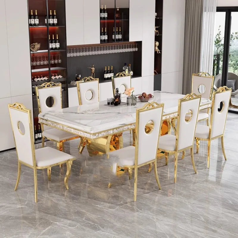 Marble Dining Table Set With Gold-Tone Frame — White | KIMLUD