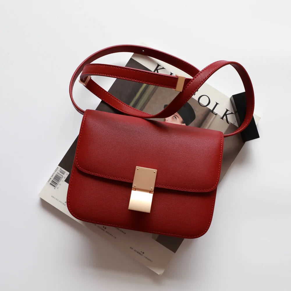 Split Leather Shoulder Bag Single Flap Lock — Black | KIMLUD