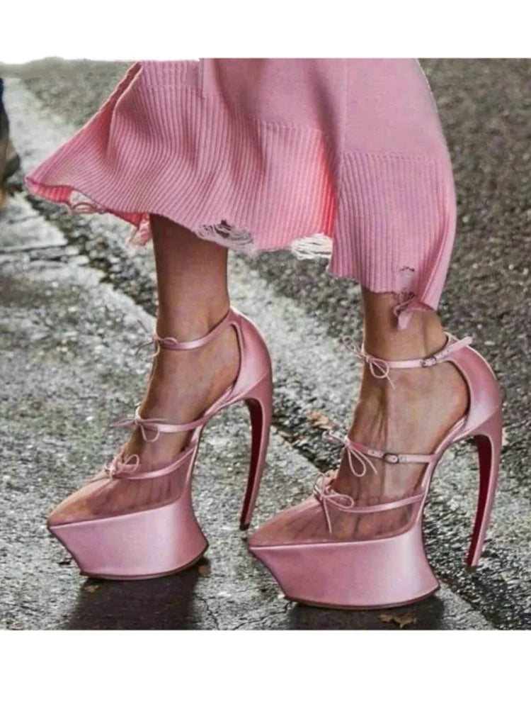 PU Stiletto Sandals Silk Bow Buckle — Soft Pink | KIMLUD