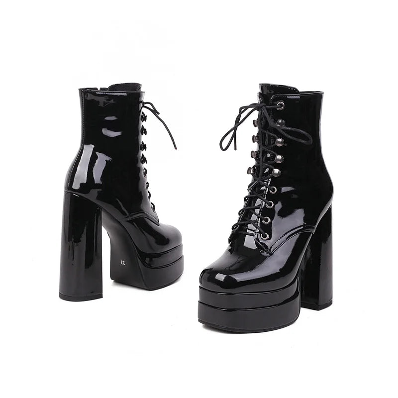 2022 Winter Women Ankle Boots Platform Square High Heel Ladies Ankle Boots Patent PU Leather Cross Tied Women's Shoes Big Size