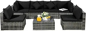 7 Pieces Patio Furniture Set, Patiojoy All-Weather Outdoor Rattan Sectional Sofa Set with Cushions and Tempered Glass Coffee Ta