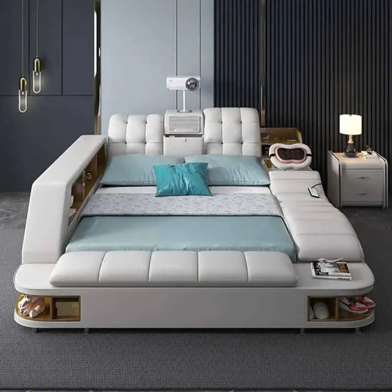 King Simple Double Bed Modern Headrest Storage Sleeping Queen Double Bed Smart Floor Luzko Wielofunkcyjne Furniture For Bedroom