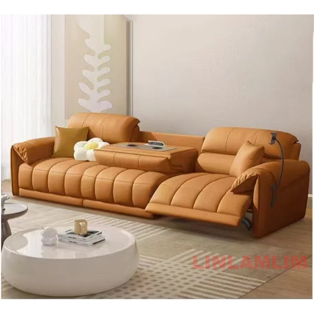 Italian Genuine Leather Electric Reclining Sofa With Adjustable Footrest USB And Foldable Center Console — Caramel Tan | KIMLUD