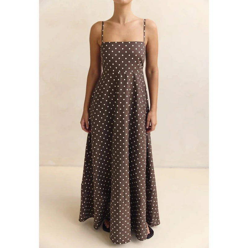 A-Line Dot Print Slip Dress Spaghetti Strap — Brown With White Dots | KIMLUD