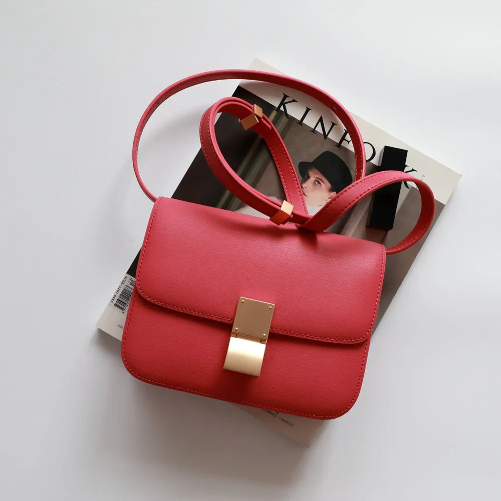 Split Leather Shoulder Bag Single Flap Lock — Black | KIMLUD