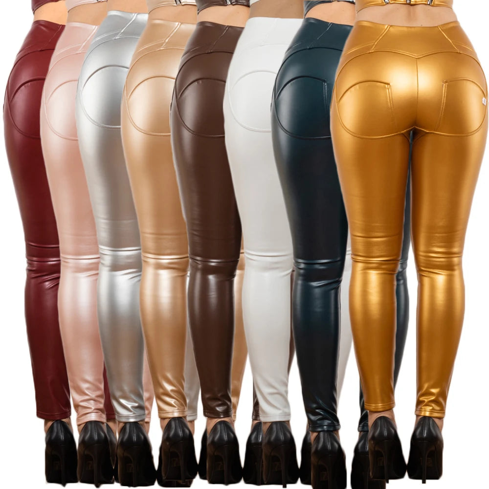 Shascullfites Melody High-Waisted Metallic Leather Leggings Zipper Detail Scrunch Butt Wetlook Pants for Women
