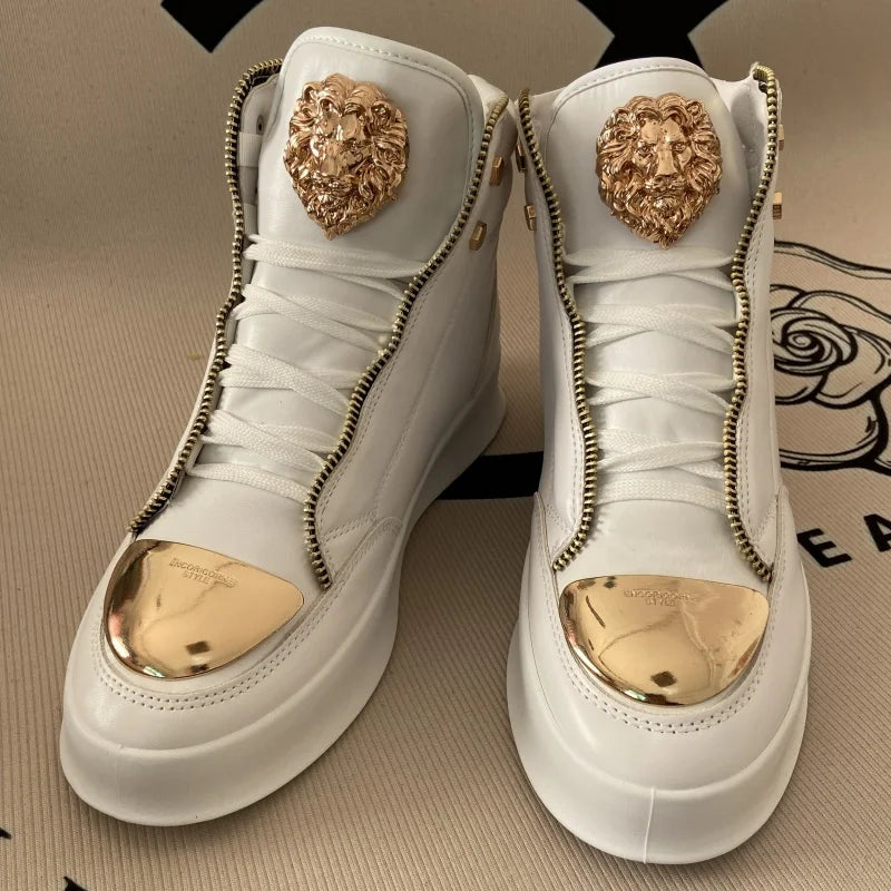 Artificial Leather Sneakers Lion Head Crest Embellishment Patchwork Texture — Crimson Red | KIMLUD