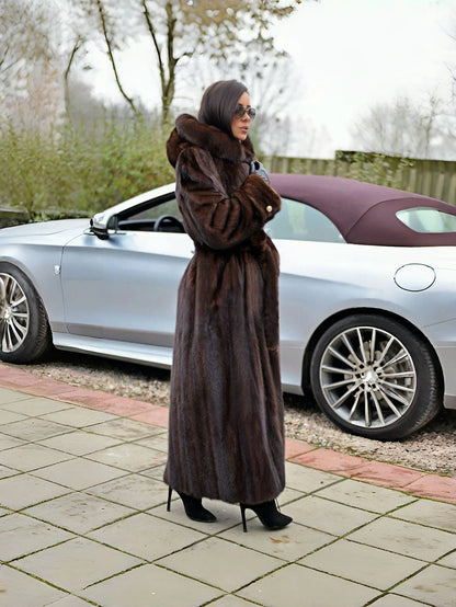 Hooded Coat – Faux Mink Fur – Man-Made Fiber – Dark Brown | KIMLUD