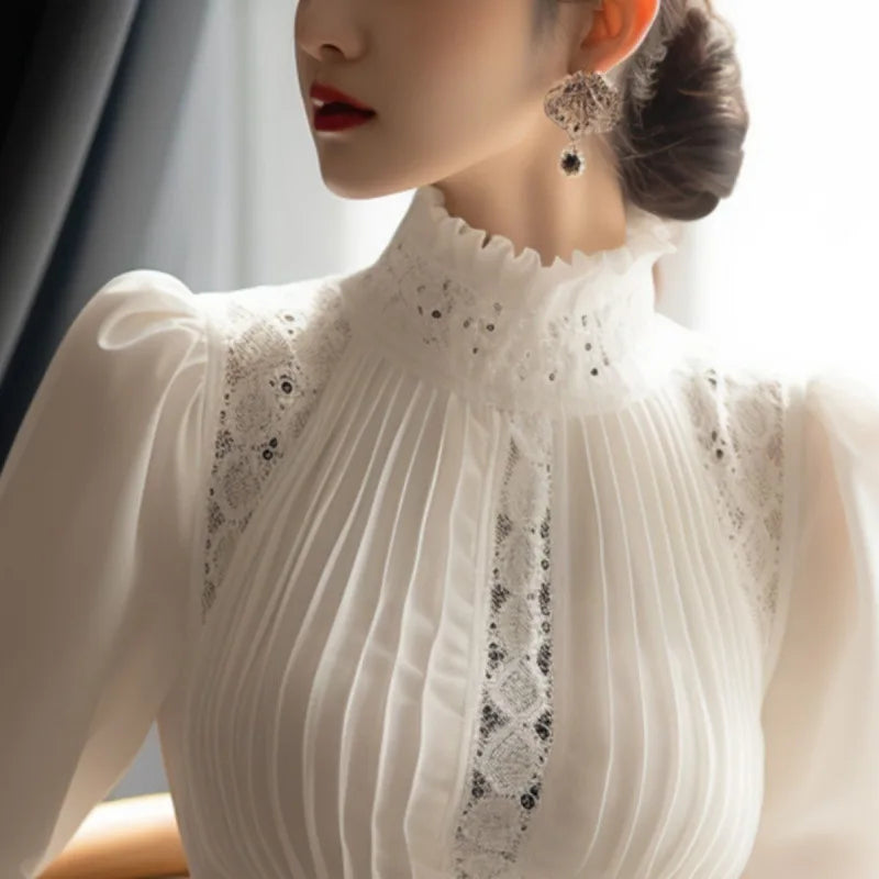 Blouse – Lace Hollow Out Patchwork – Long Sleeve – Solid Color | KIMLUD