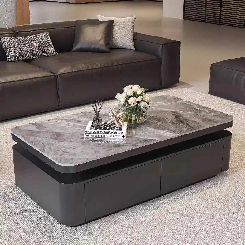 Minimalist Rock Slab Storage Coffee Table — Deep Graphite Black | KIMLUD