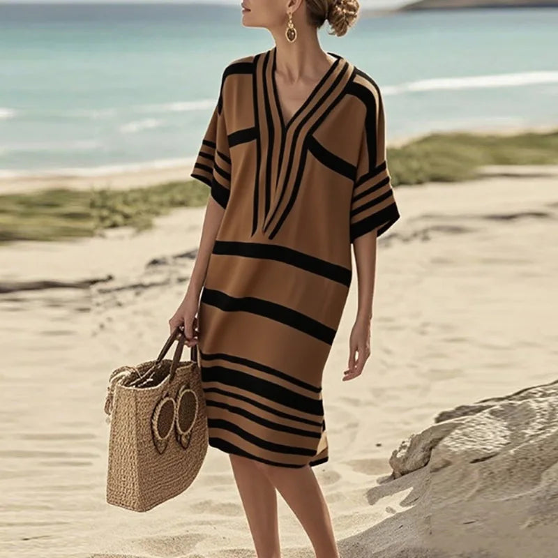 Spring Casual V Neck Holiday Dress Mujer Woman Summer Short Sleeve Loose Boho Dress 2025 New Retro Striped Print Commute Dresses