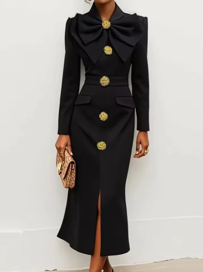 Evening Dress – Bow Tie Buttoned Long Sleeve – Polyester Slim Black | KIMLUD