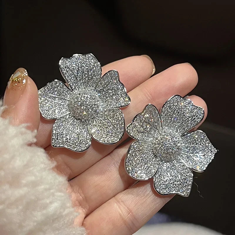 Earrings Sparkling Zirconia Inlaid Flower Earrings Zinc Alloy — Gold | KIMLUD