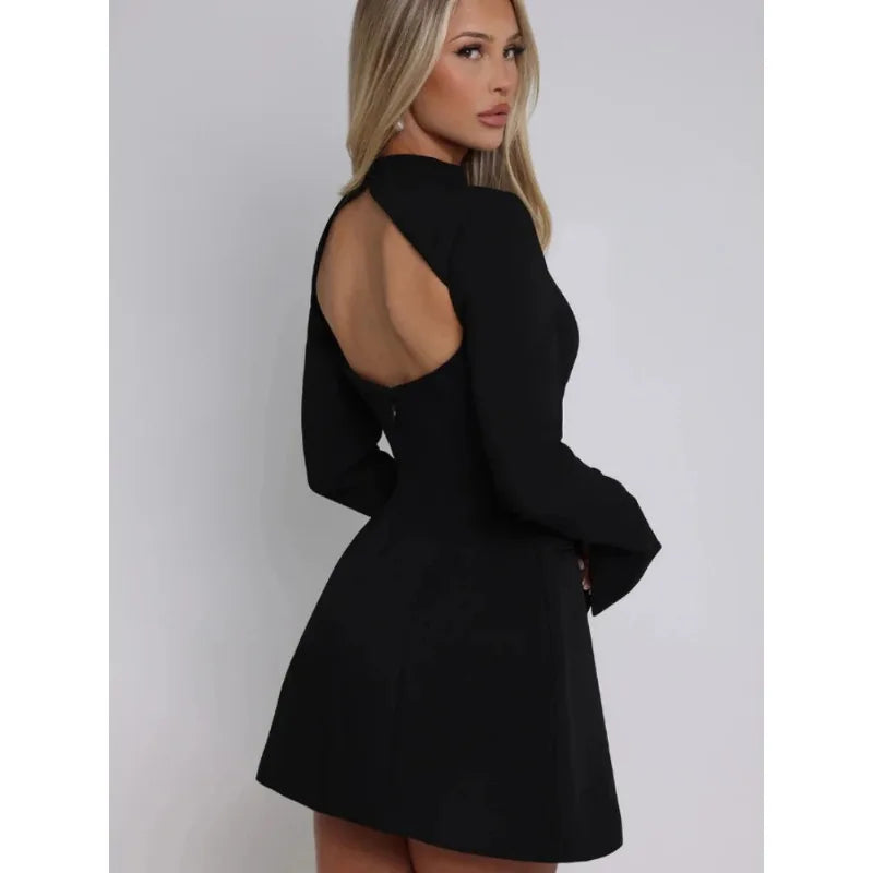 A-Line Dress Backless High Waist Long Sleeves — Black | KIMLUD